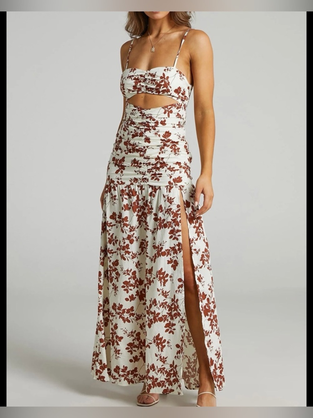 Showpo Ruched Front Underbust CutOut Maxi Dress Size 2 Floral Brown w/ Side Slit